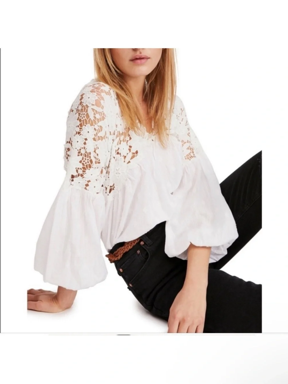 Free People Lina Lace Top in White XS
